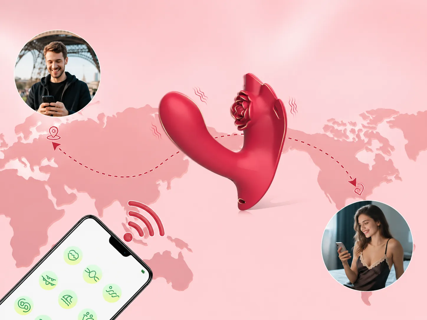 NovaSync Elowen app-controlled vibrator operated remotely across cities, with the companion app on iOS and Android