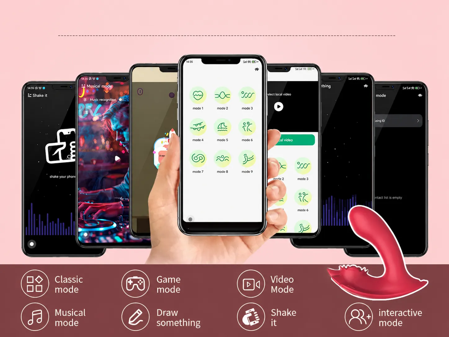 NovaSync Elowen companion app screens showing interactive modes — music, game, video, draw, shake and interactive control