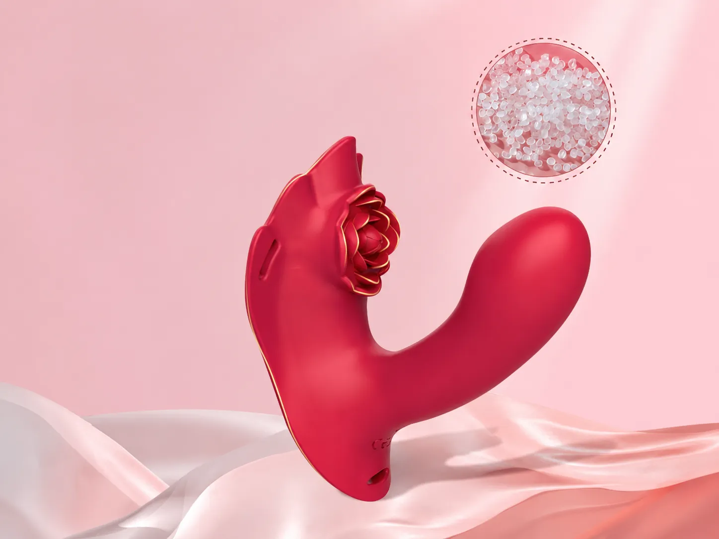 NovaSync Elowen vibrator made from soft body-safe silicone, with a close-up of the skin-friendly material