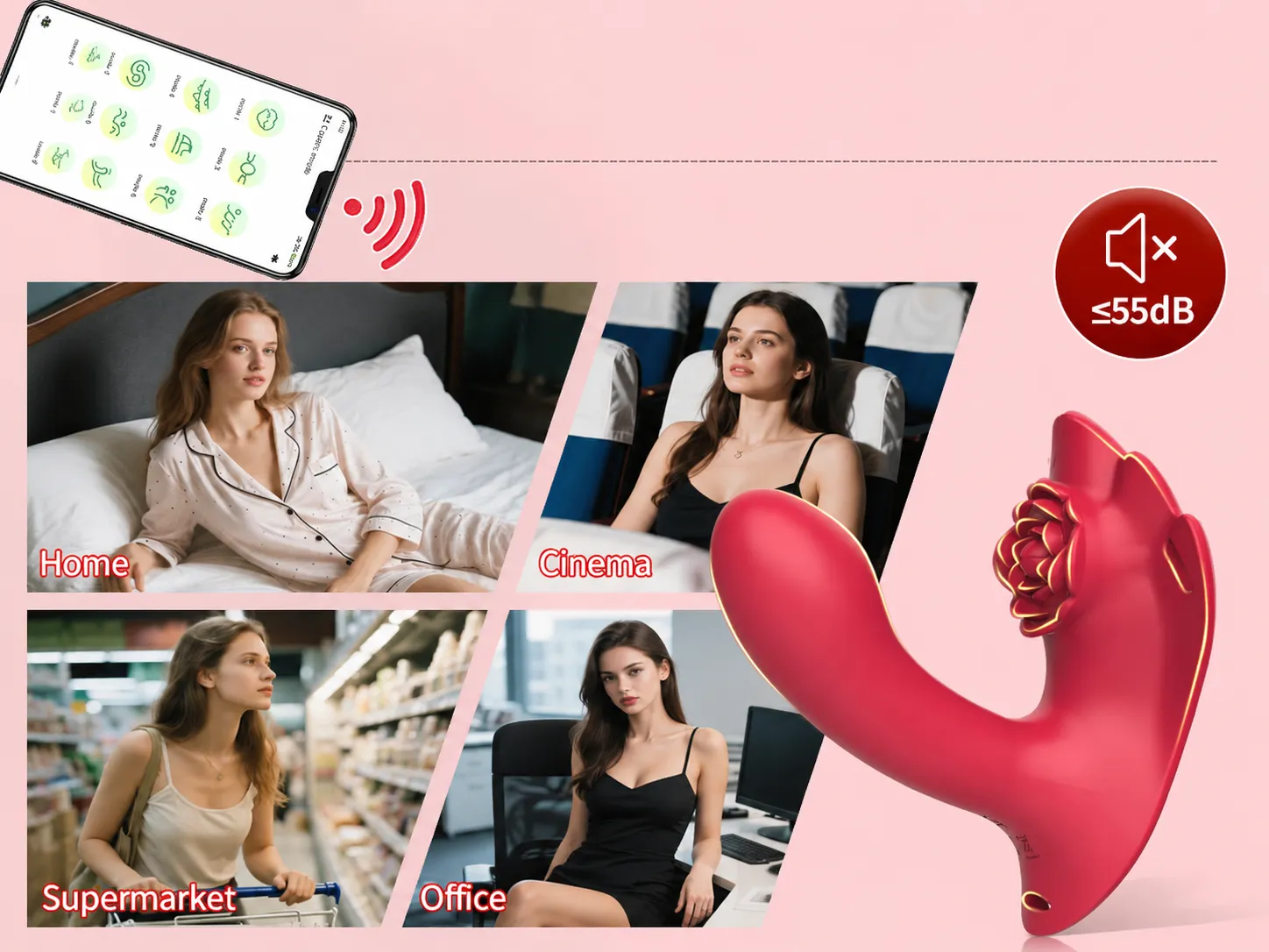 NovaSync Elowen wearable vibrator worn discreetly across everyday settings — home, cinema, office and out shopping