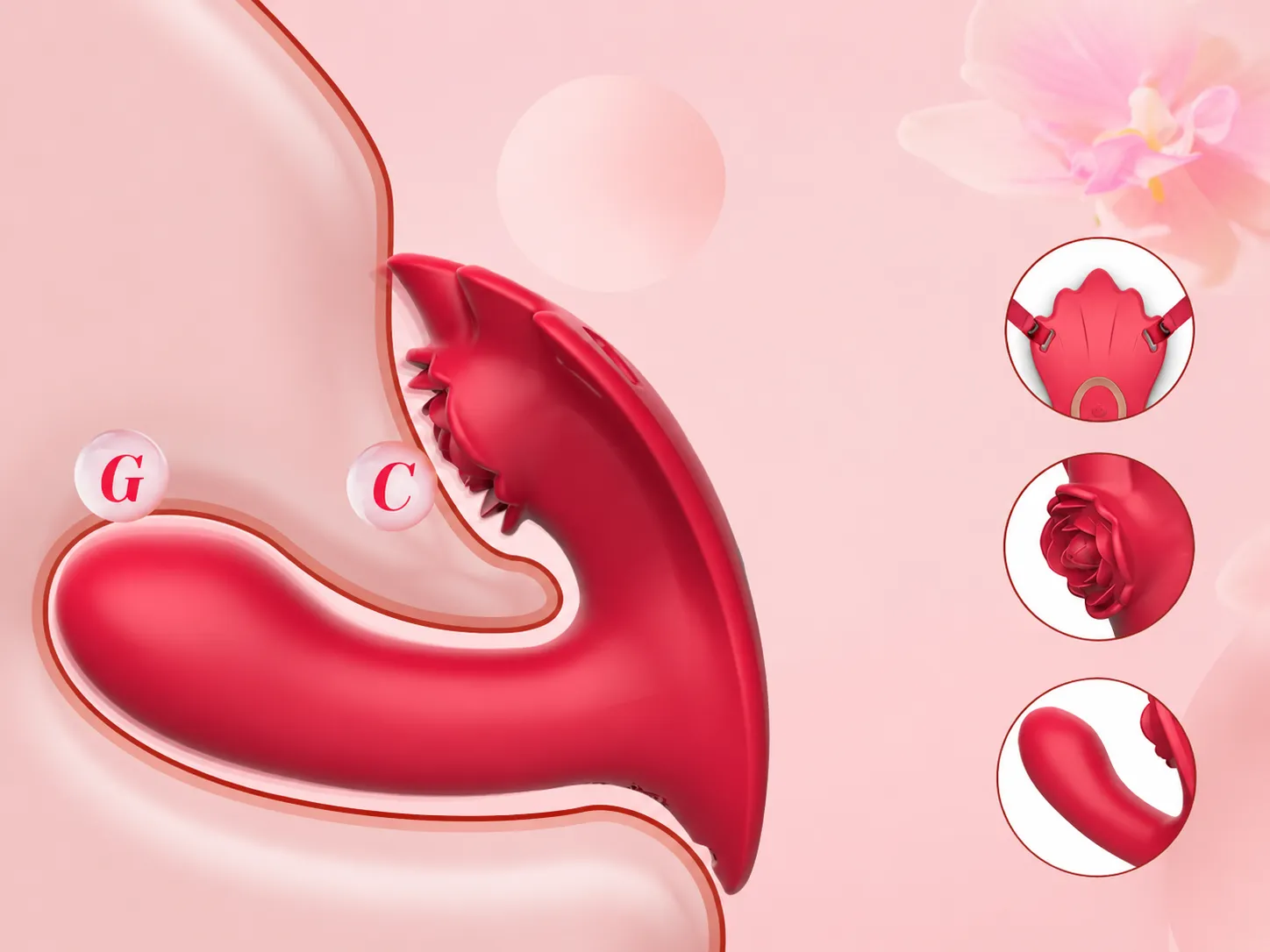 Illustration of the NovaSync Elowen vibrator's ergonomic design delivering stable dual stimulation to the G-spot and clitoris