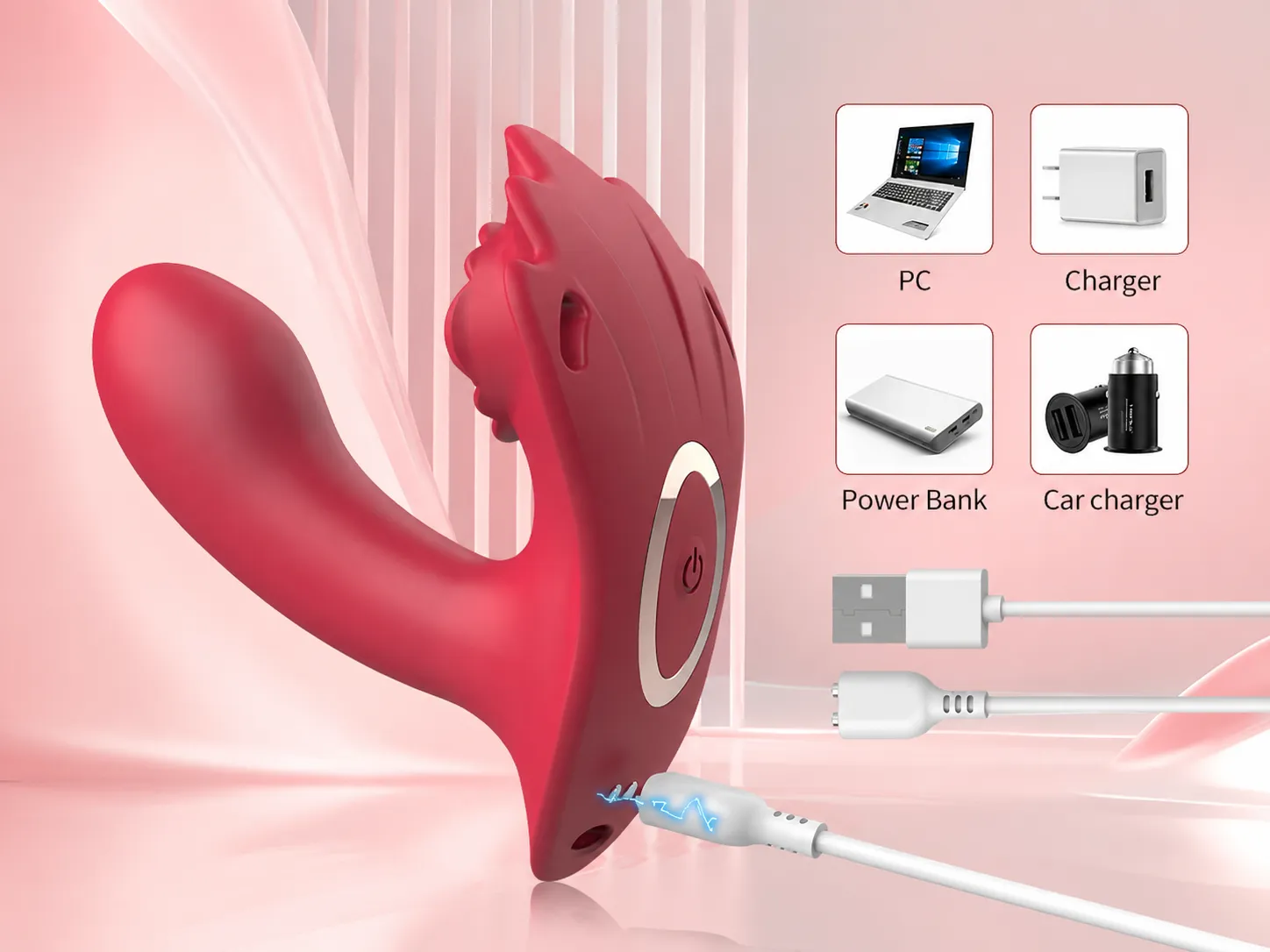 NovaSync Elowen wearable vibrator with magnetic USB charging cable, chargeable from a PC, wall charger, power bank or car
