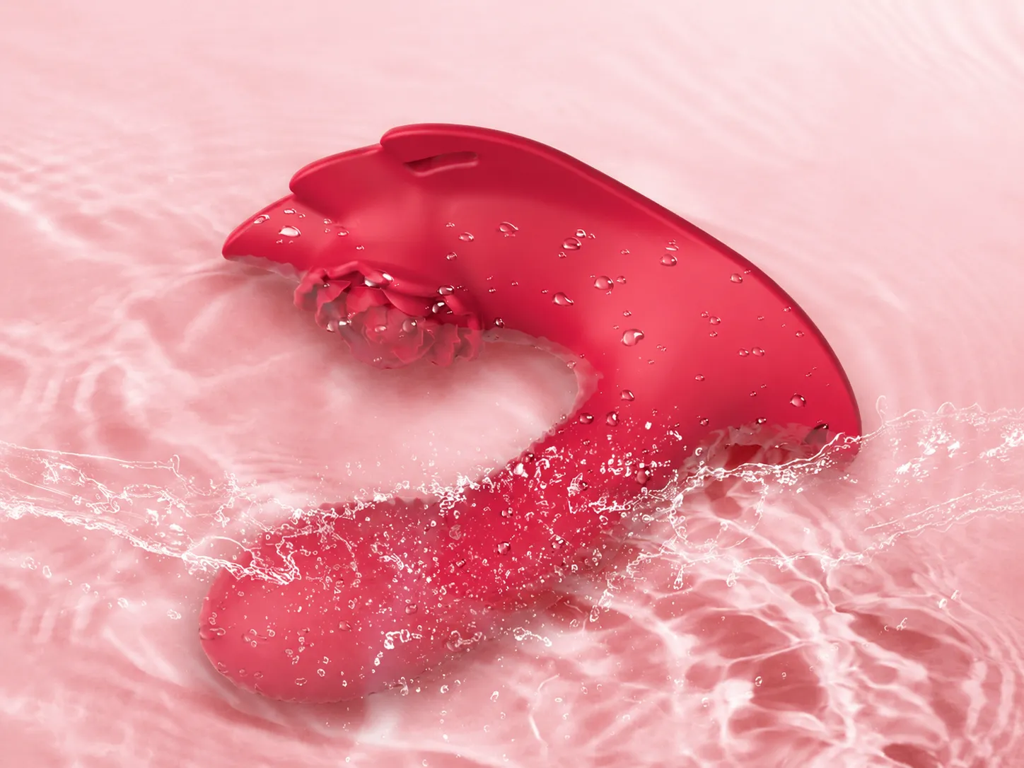 NovaSync Elowen wearable vibrator rinsed under water, showing its water-resistant, easy-to-clean silicone body