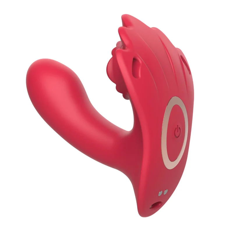 Rose red NovaSync Elowen app-controlled wearable vibrator, three-quarter view of the curved shaft and clitoral rose stimulator