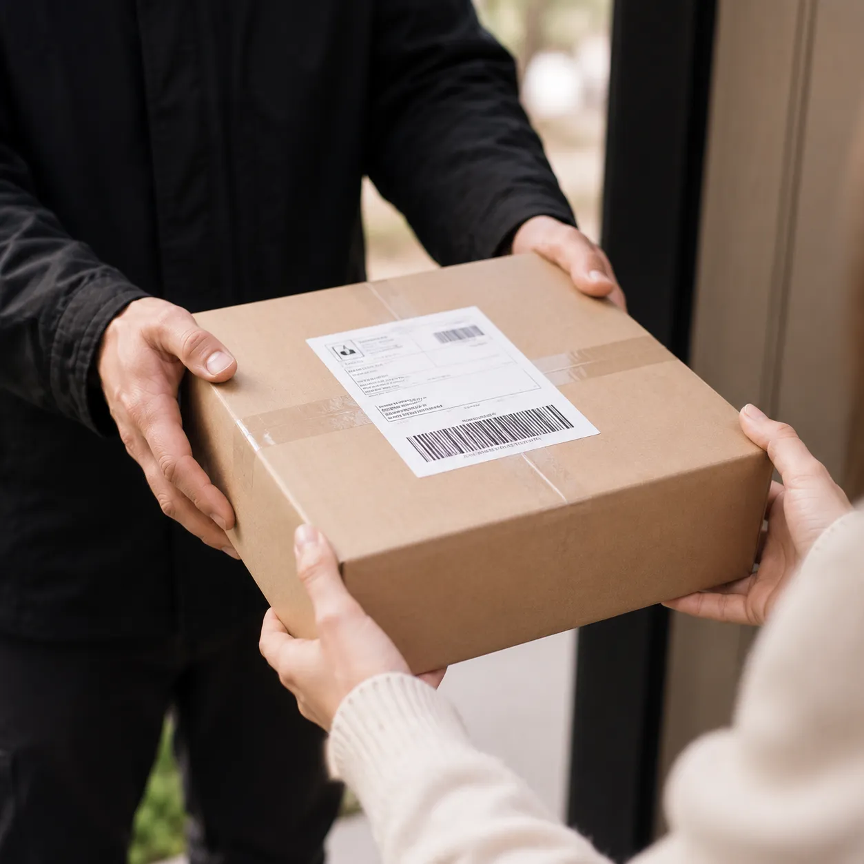 Plain unbranded package being handed to a customer at the door