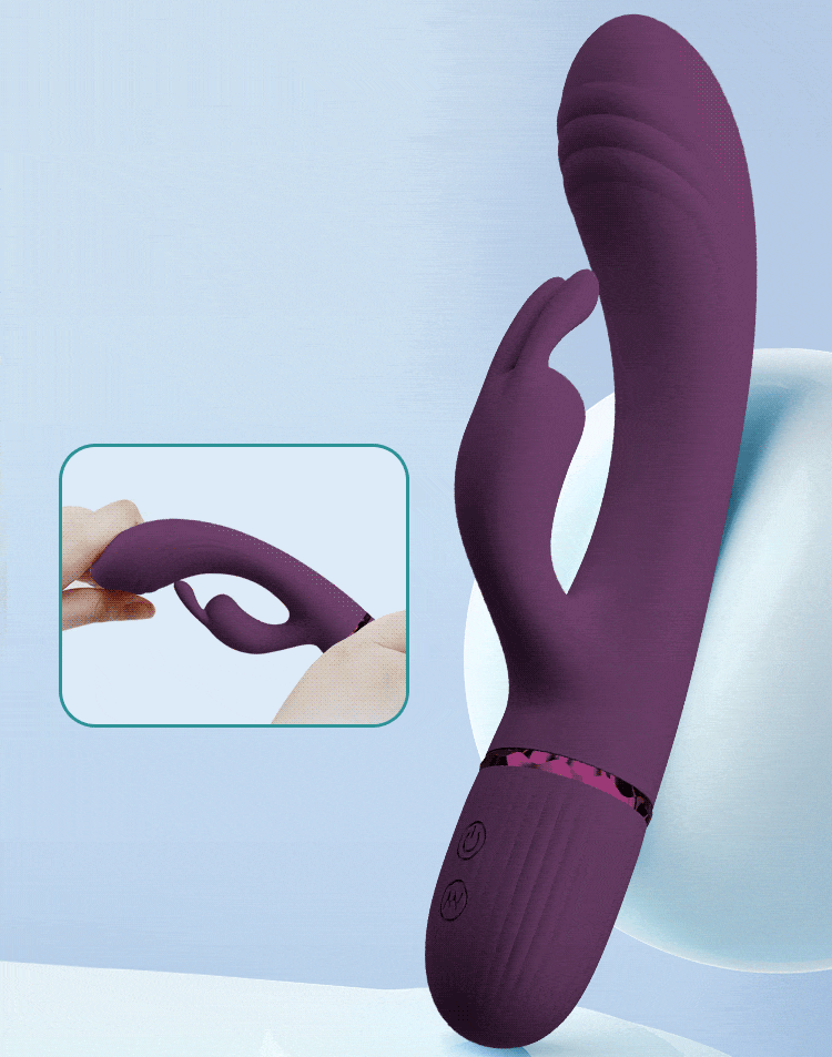 Scocco G-spot rabbit vibrator in purple with an inset showing hands bending its super soft silicone shaft