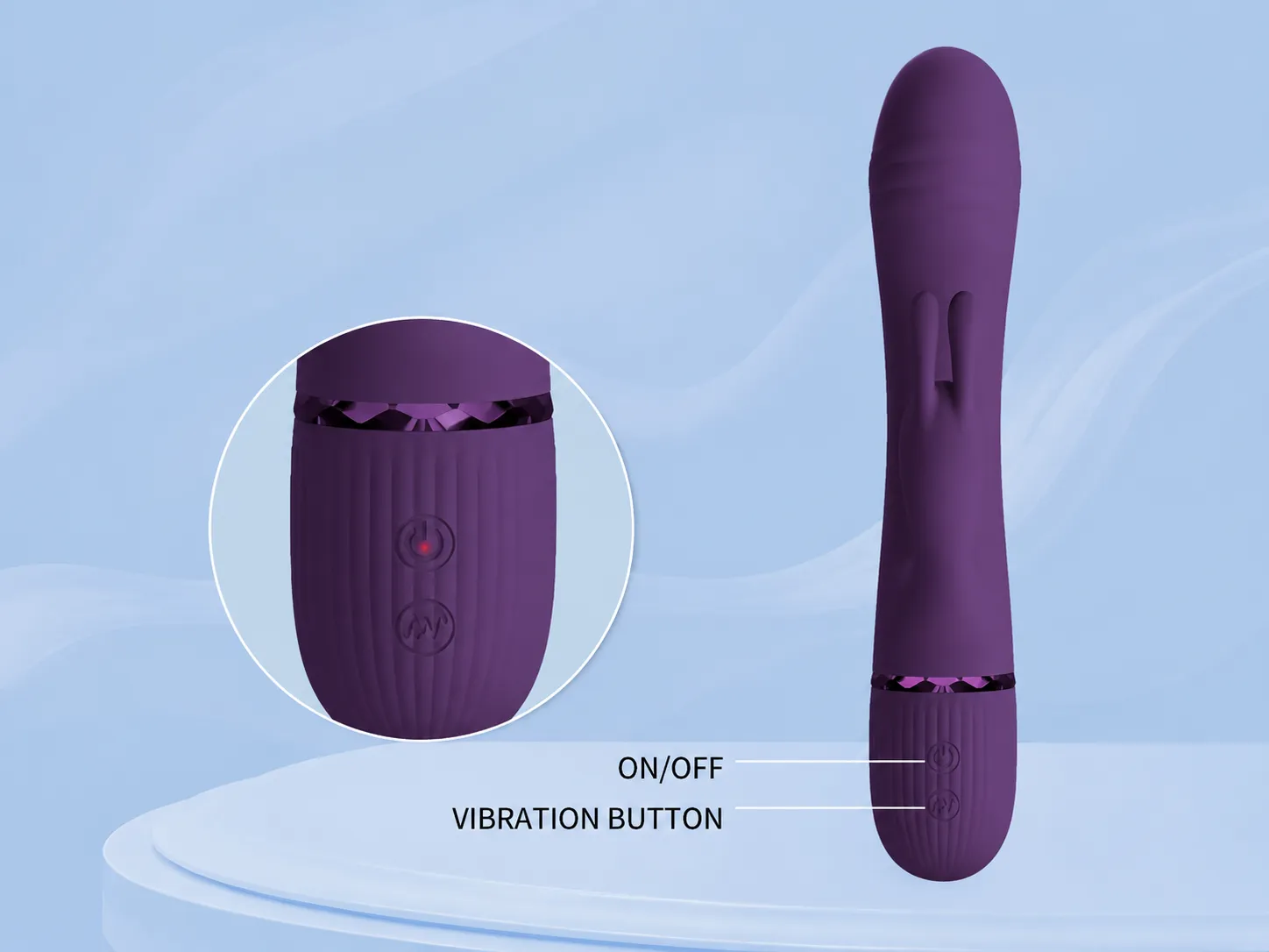Scocco G-spot rabbit vibrator in purple with labeled on-off and vibration buttons and usage instructions