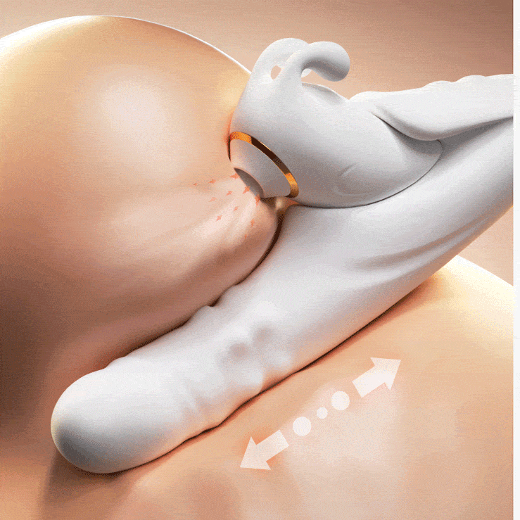 NovaSync Divine Whisper rabbit vibrator demonstrating stretching and retracting shaft motion