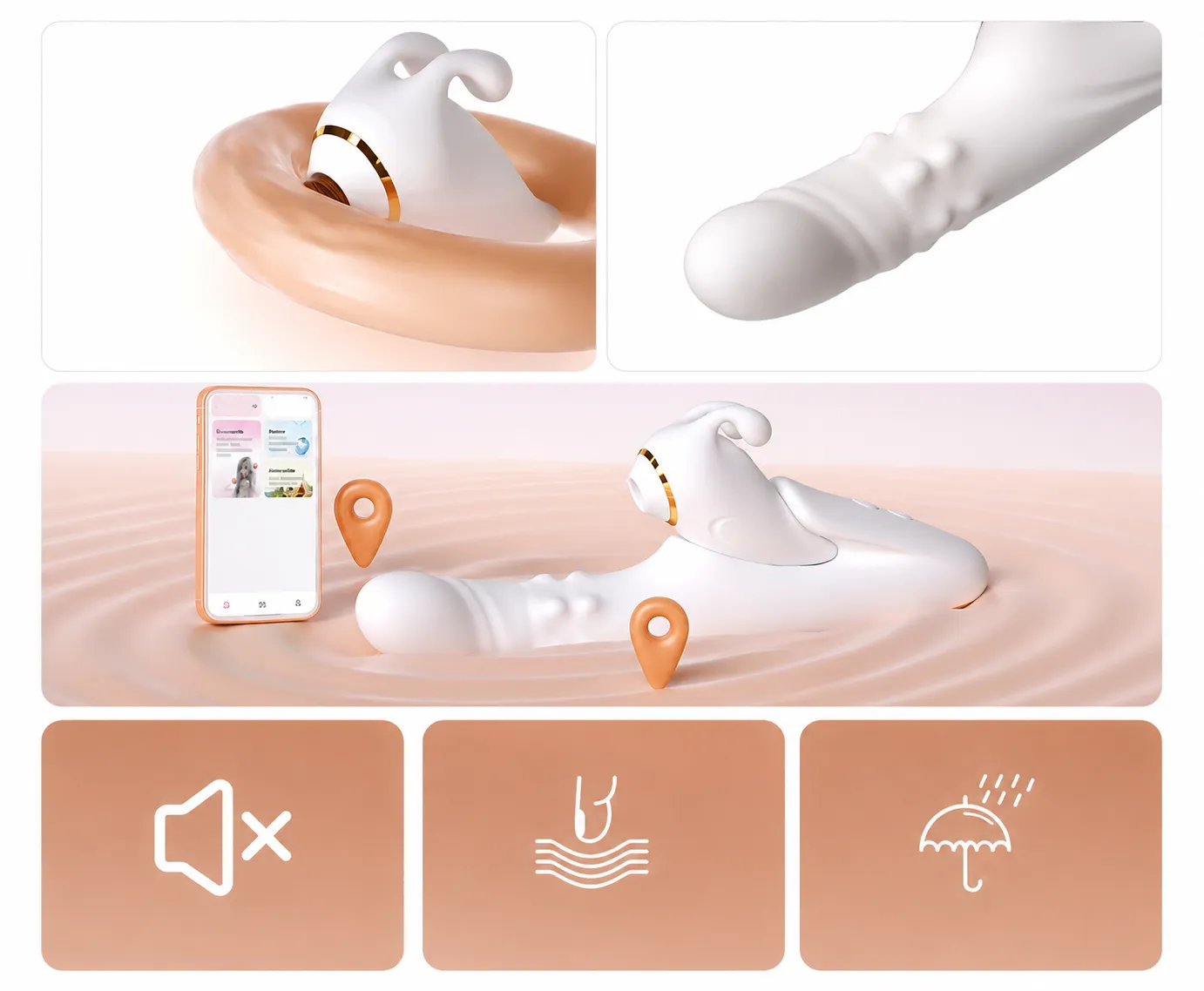 NovaSync Divine Whisper rabbit vibrator showing clitoral suction head, heating shaft, and app remote control