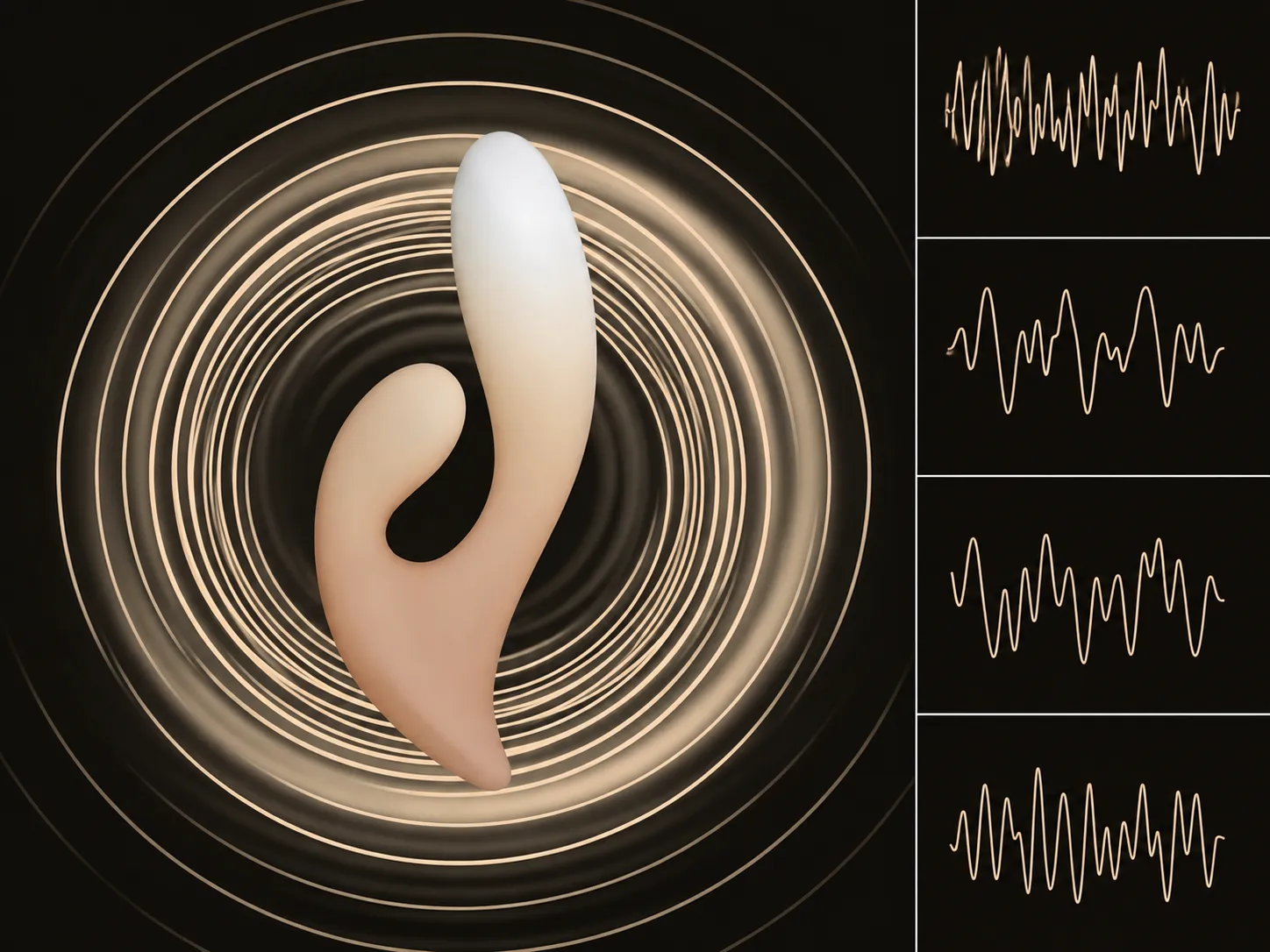 Moran rabbit vibrator with concentric vibration rings and waveform patterns showing 10 vibration modes