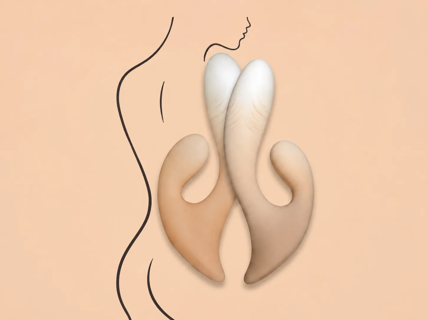 Moran rabbit vibrator shown against a body contour line illustrating its ergonomic anatomical fit