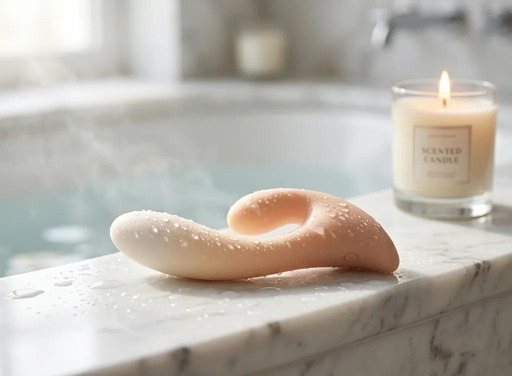 Moran rabbit vibrator covered in water droplets on a marble bathtub edge, with magnetic charging contact detail