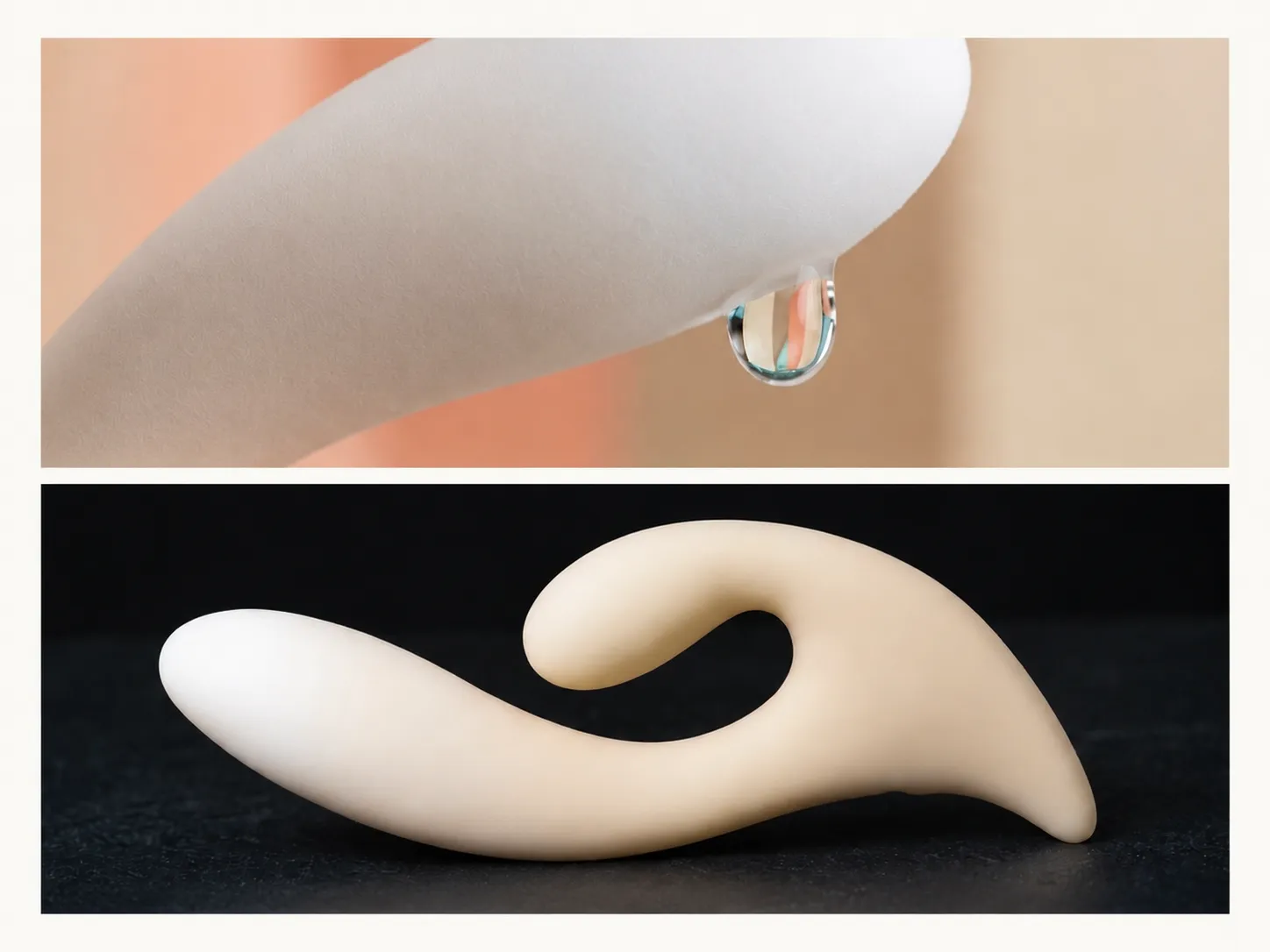 Close-up of a water droplet on the medical-grade liquid silicone surface of the Moran rabbit vibrator
