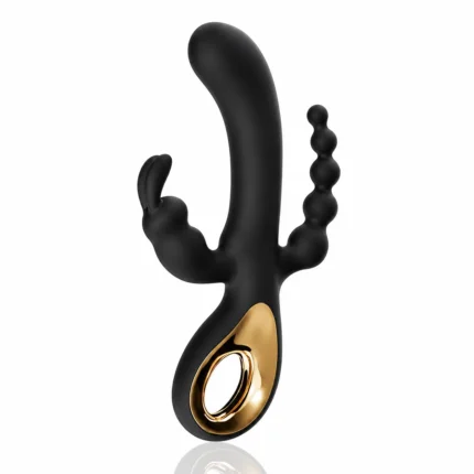 Sensitive triple stimulation rabbit vibrator in black with G-spot shaft, clitoral arm and beaded arm