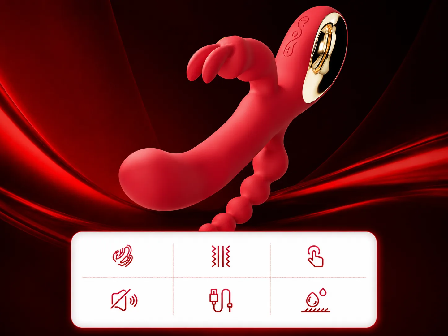 Sensitive triple stimulation rabbit vibrator in red with icons for triple stimulation, 10 vibration modes and body-safe silicone