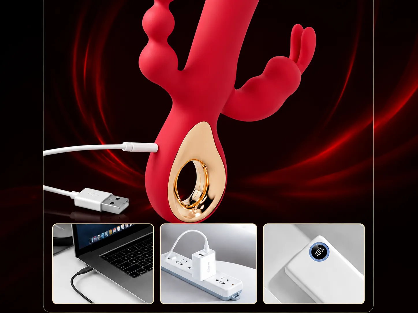 Sensitive triple stimulation rabbit vibrator in red with USB charging cable, laptop, wall adapter and power bank