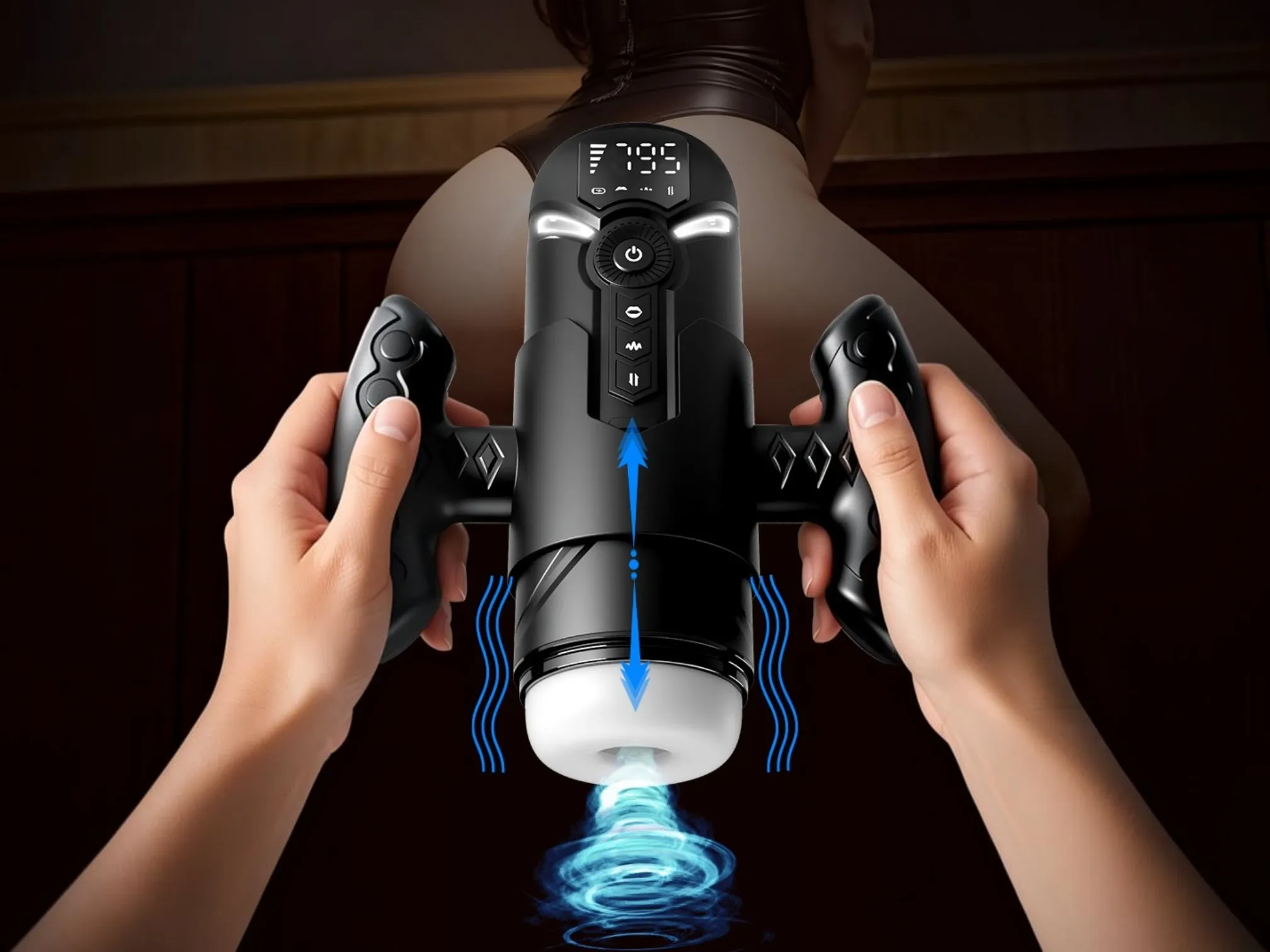 Automatic masturbator held with both hands by its detachable grip handles