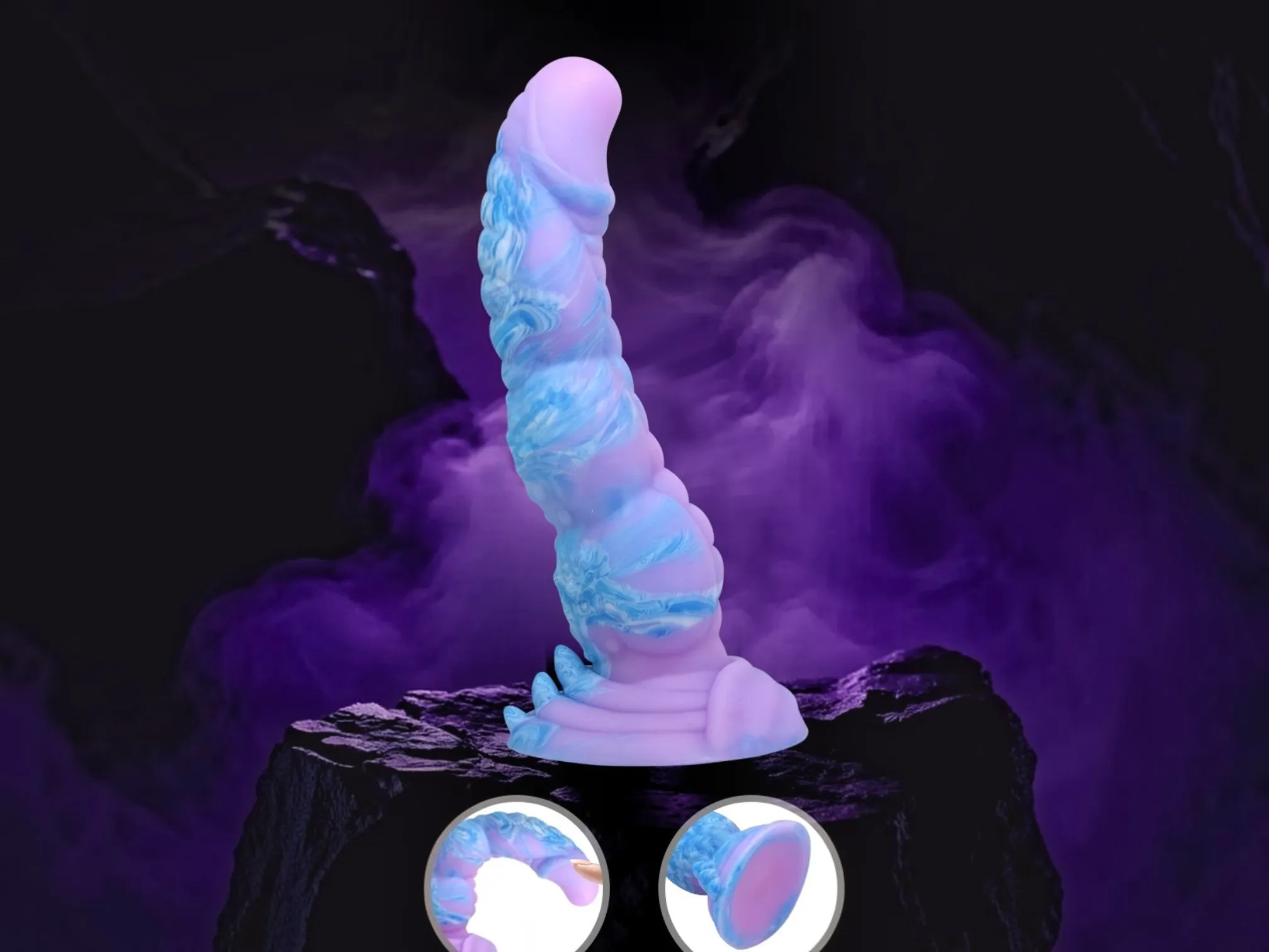 Flexible silicone alien monster dildo standing upright, with an inset showing the shaft bending