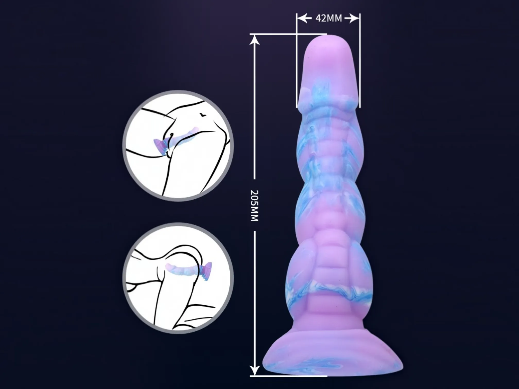 Diagram showing a ribbed alien monster dildo suction-mounted for hands-free use in different positions