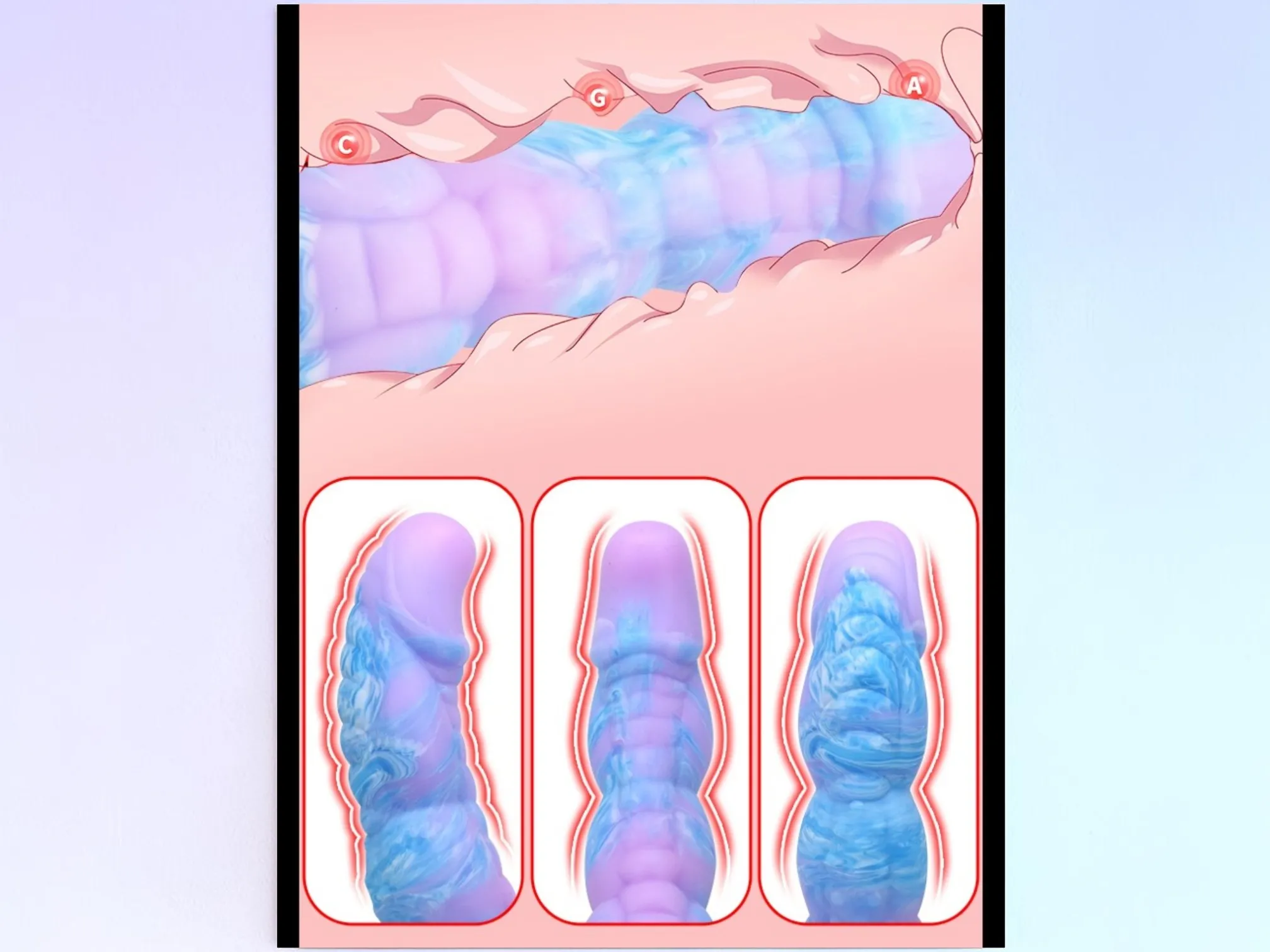 Close view of stacked raised ridges on an alien monster dildo, shown creating stimulating friction