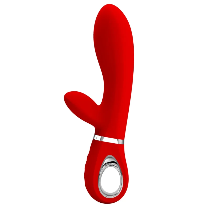 Thomas rabbit vibrator in red showing its curved G-spot shaft, rabbit ear and silver ring base