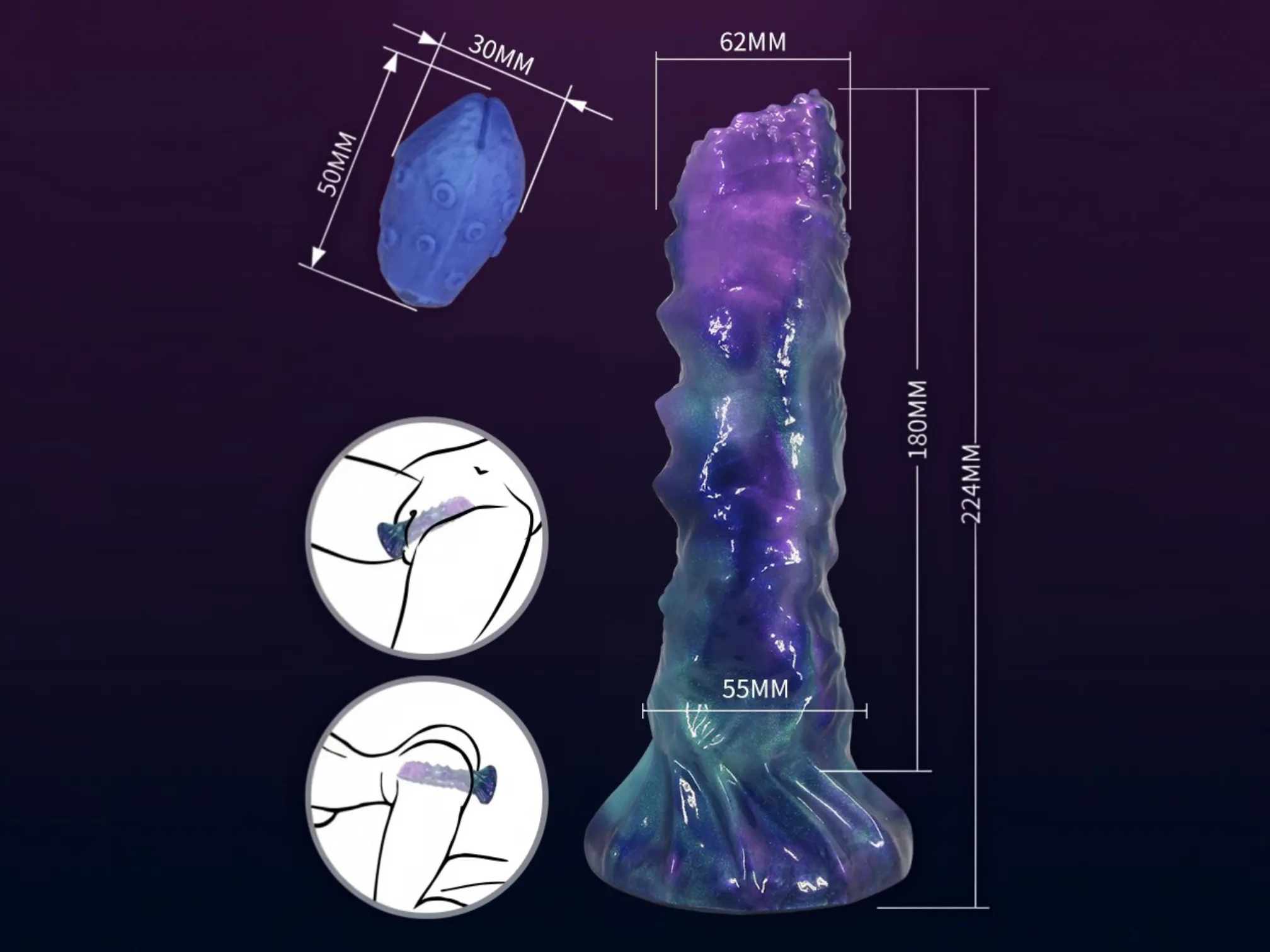 Diagram showing an ovipositor monster dildo suction-mounted for hands-free use in different positions