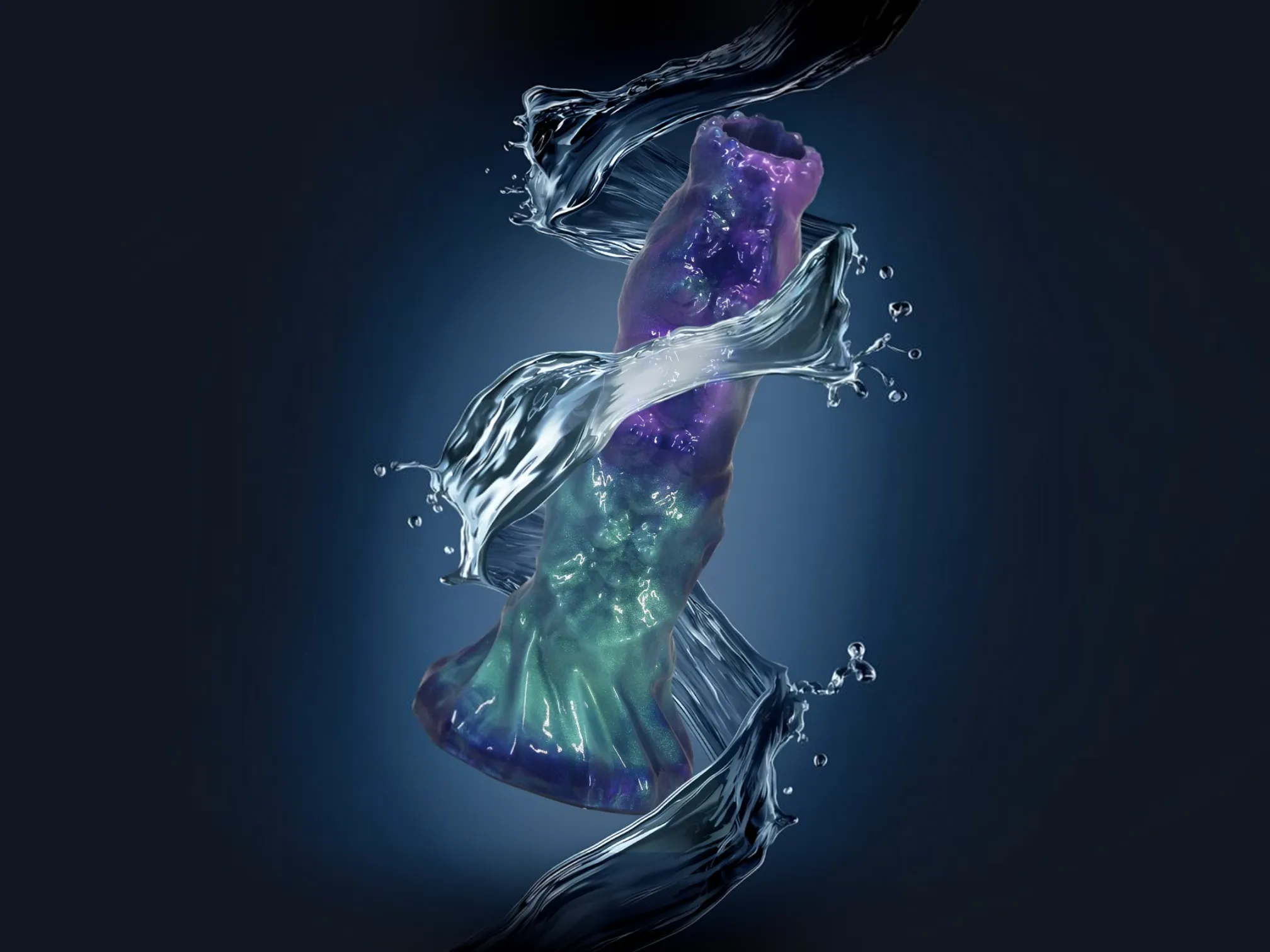 Water-resistant monster dildo surrounded by splashing water, ready for shower and bath play