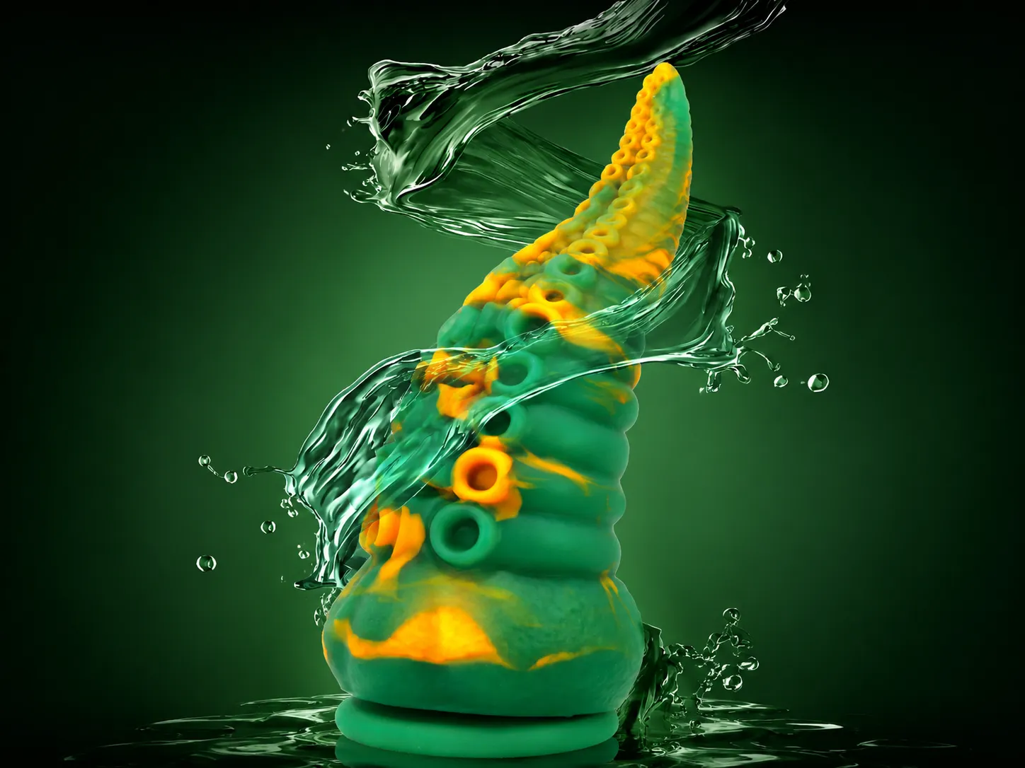 Fully waterproof tentacle dildo surrounded by splashing water, ready for shower and bath use