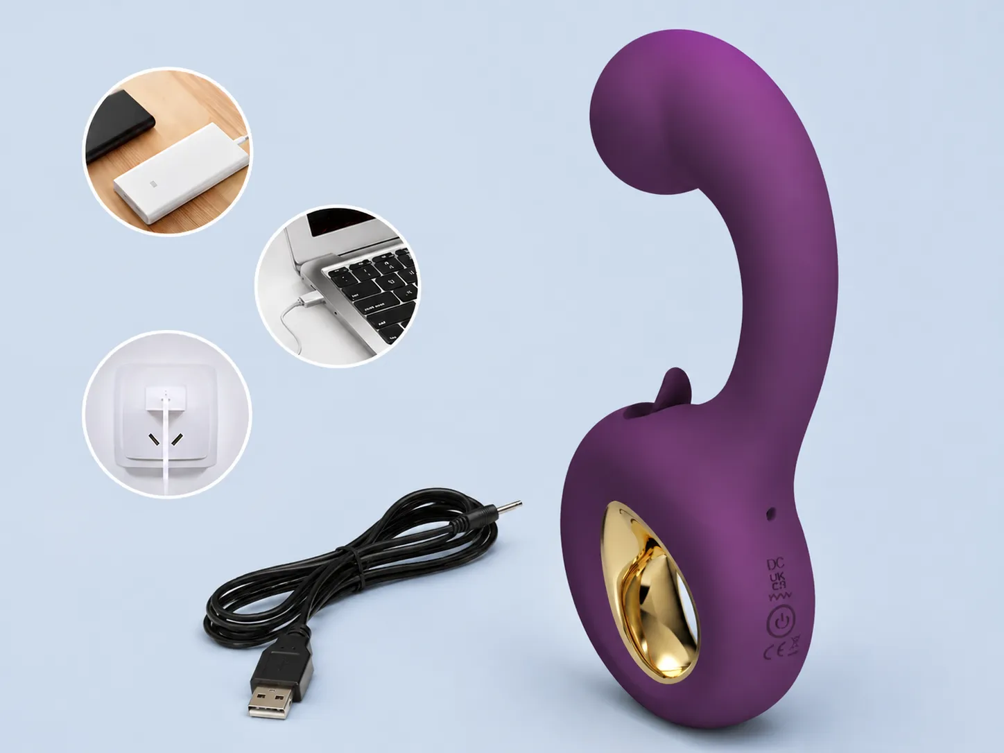 Erynnyes G-spot licking vibrator with USB cable, shown charging from a laptop, power bank, or wall adapter