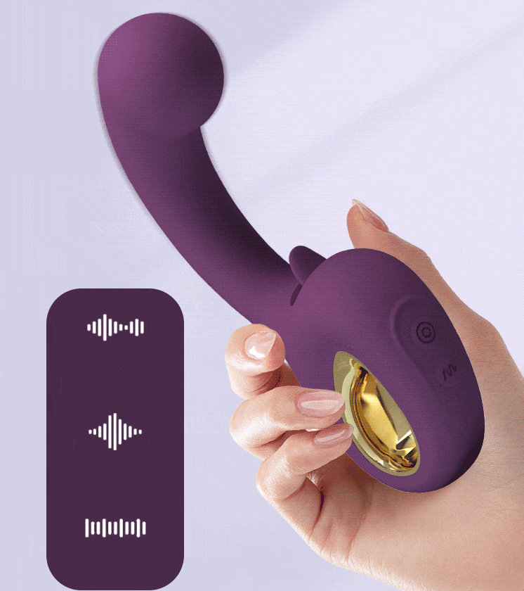 Erynnyes G-spot licking vibrator held in hand with vibration pattern indicators