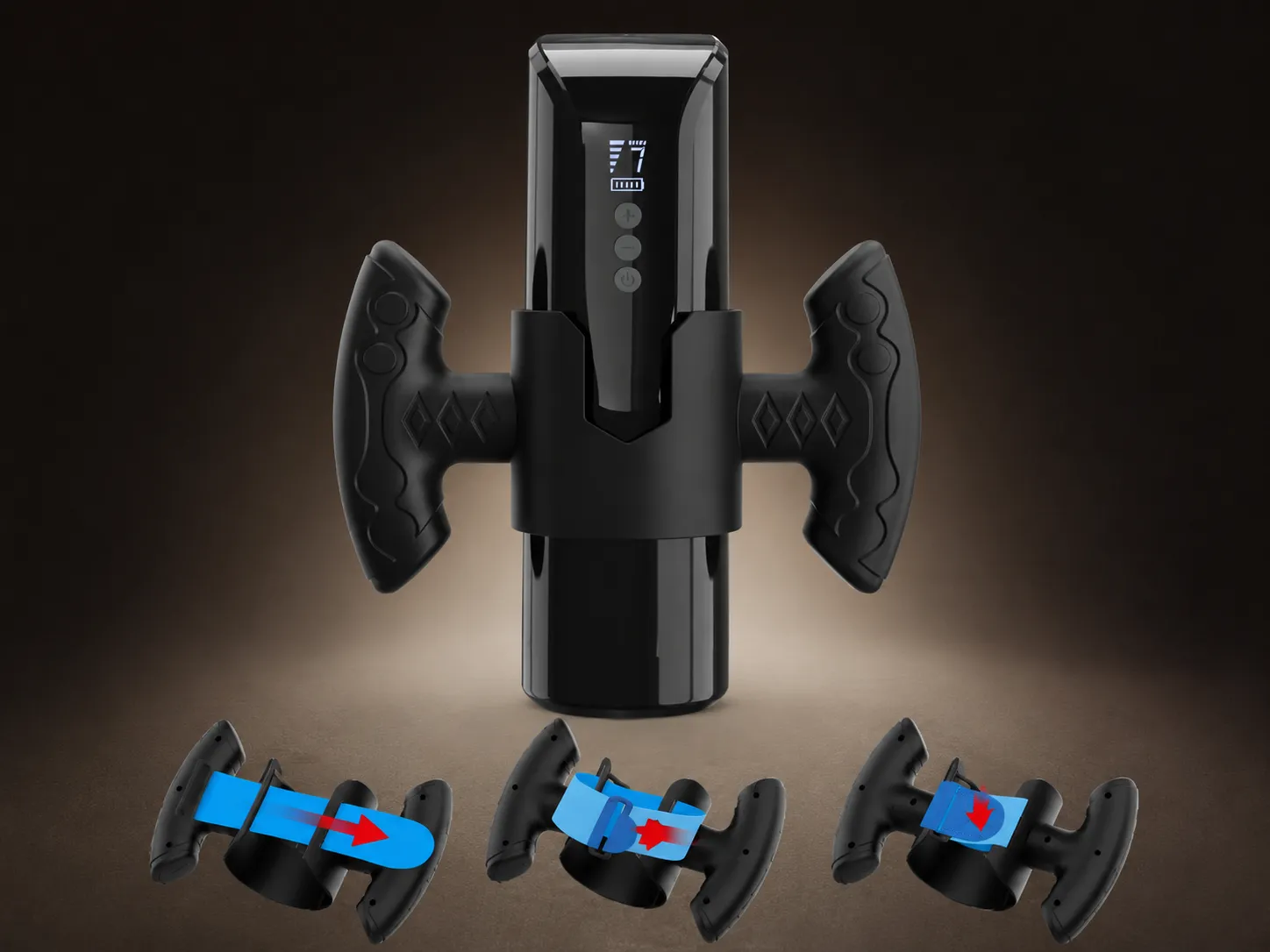 Suction masturbator with hook-and-loop strap securing the grip handles