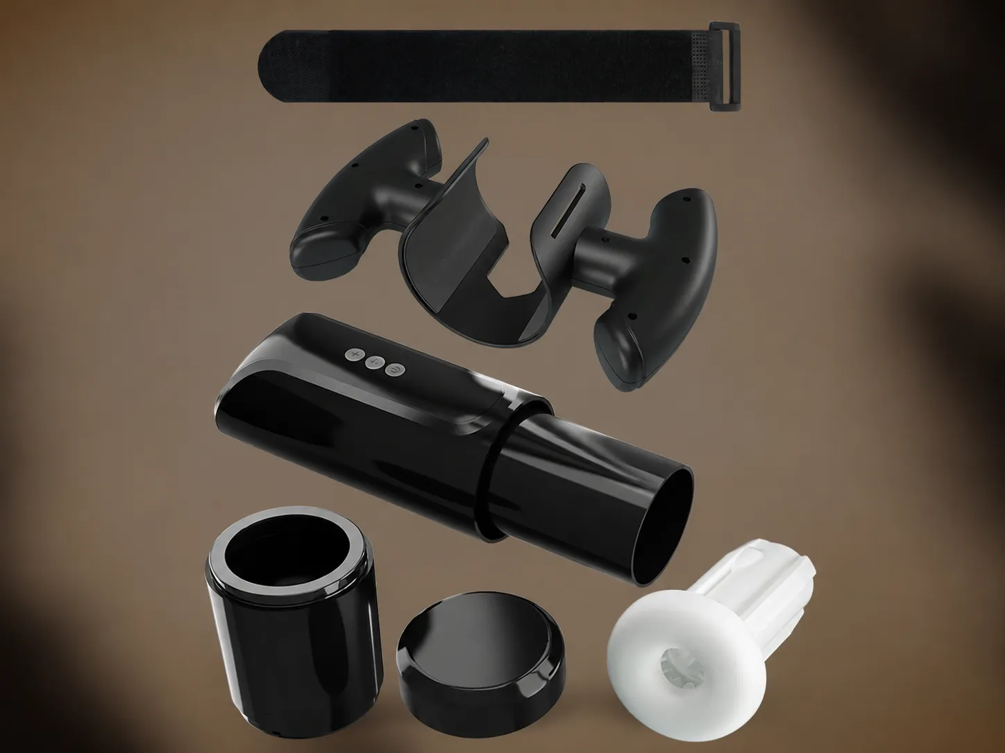 Suction masturbator disassembled showing sleeve, handles, housing and end caps