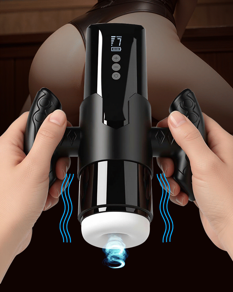 Suction masturbator held with both hands by its detachable twin handles