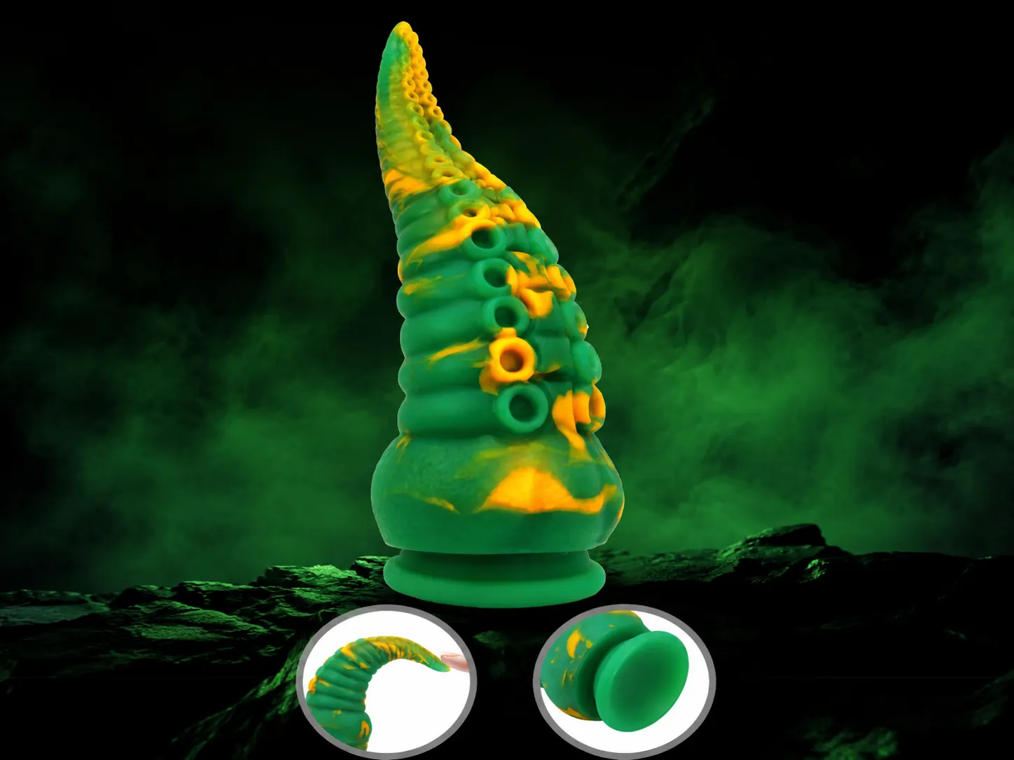 Flexible liquid silicone tentacle dildo bending to show its soft, body-safe material