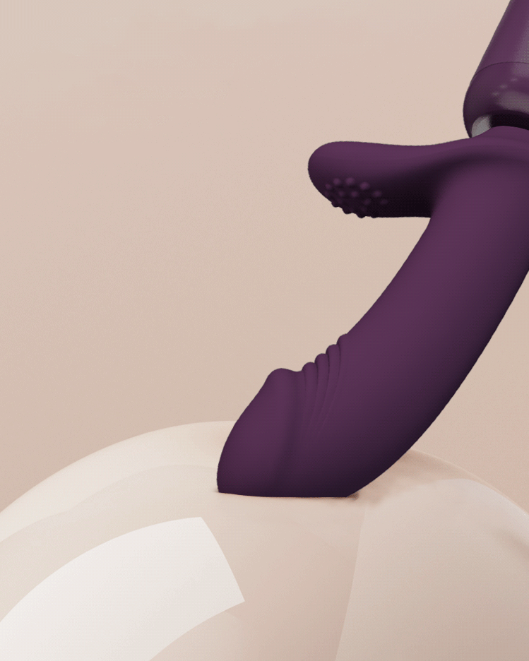 Twin-arm attachment head shown pressed against a soft form, the long shaft inside and the short arm against the outside