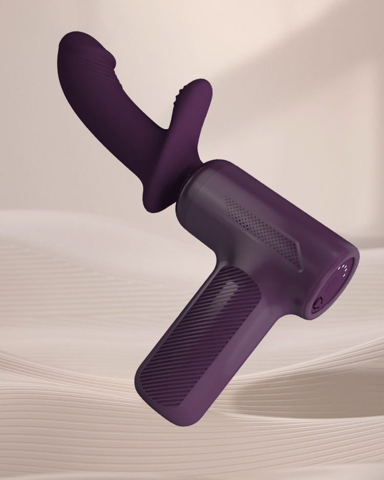 Deep plum thrusting massager with its curved attachment head, shown with a five thrusting modes callout