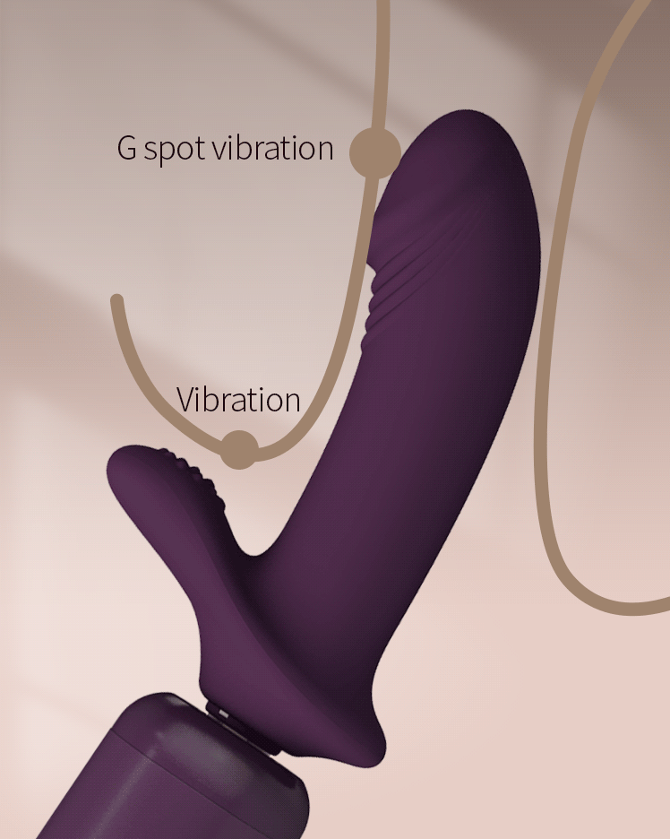 Curved twin-arm attachment head with callouts marking vibration on the main shaft and the secondary arm