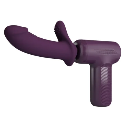 Close angled view of the curved silicone attachment head fitted to a deep plum thrusting massager