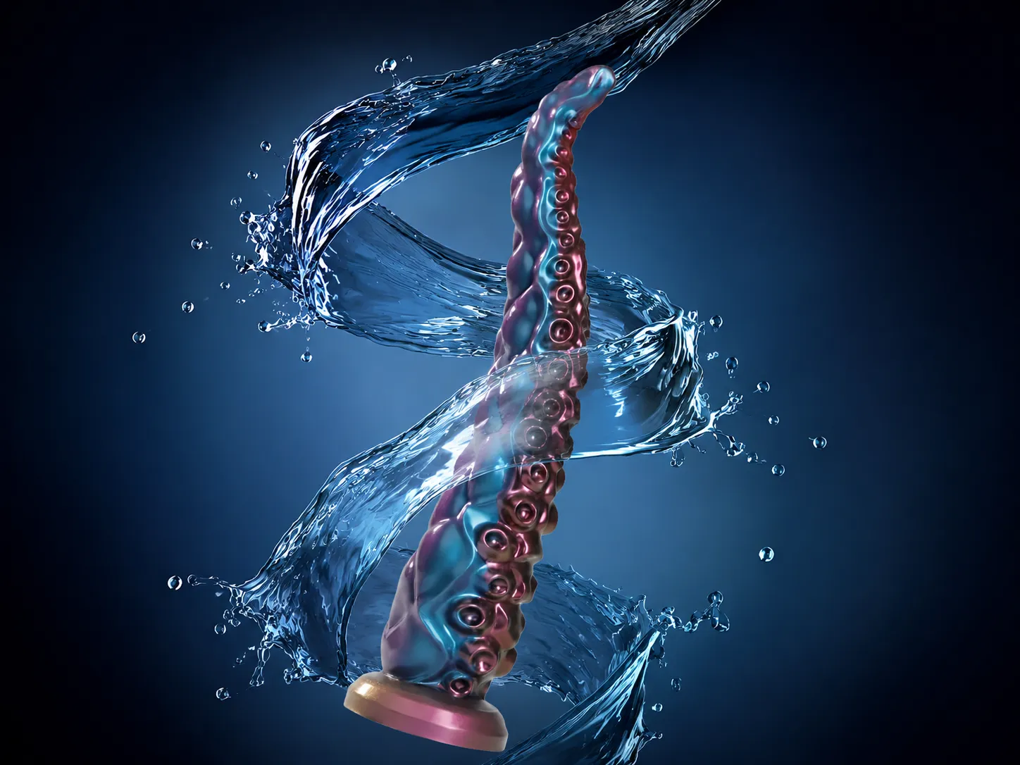 Fully waterproof long tentacle dildo surrounded by splashing water, ready for shower and bath use