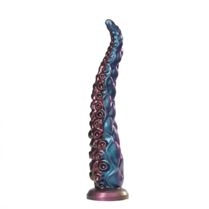 Full-length view of a long tentacle dildo with raised suckers, tapered tip, and suction base