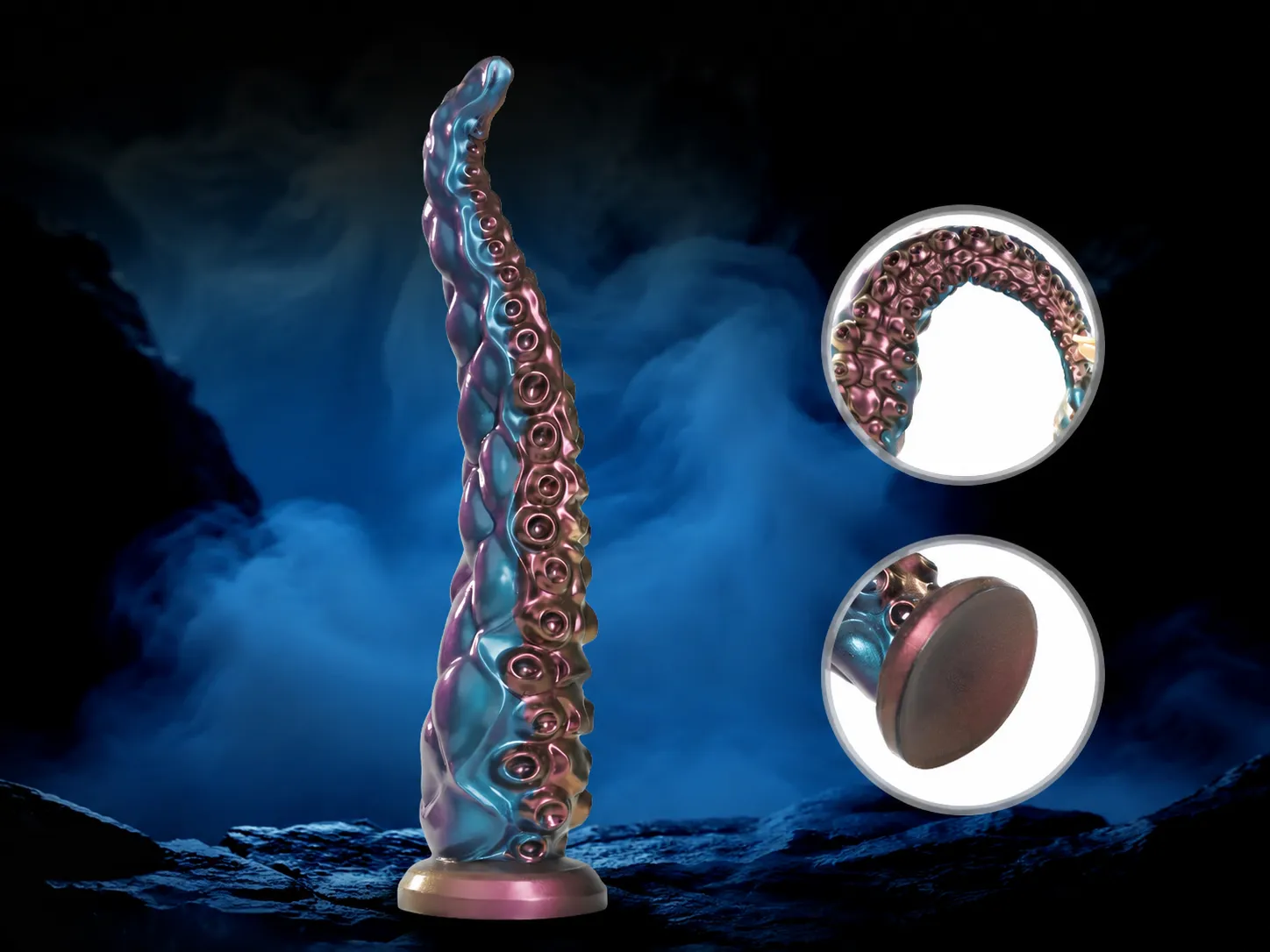 Flexible liquid silicone tentacle dildo bending to show its soft, body-safe material