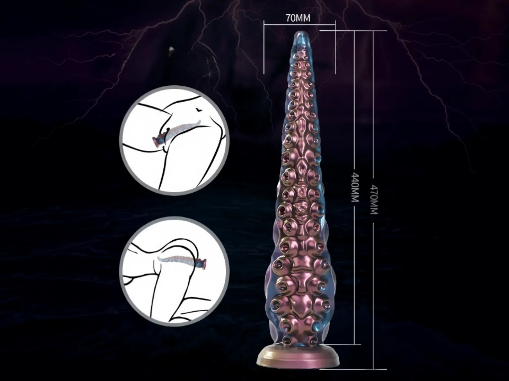 Diagram showing a long tentacle dildo suction-mounted for easy hands-free use in different positions