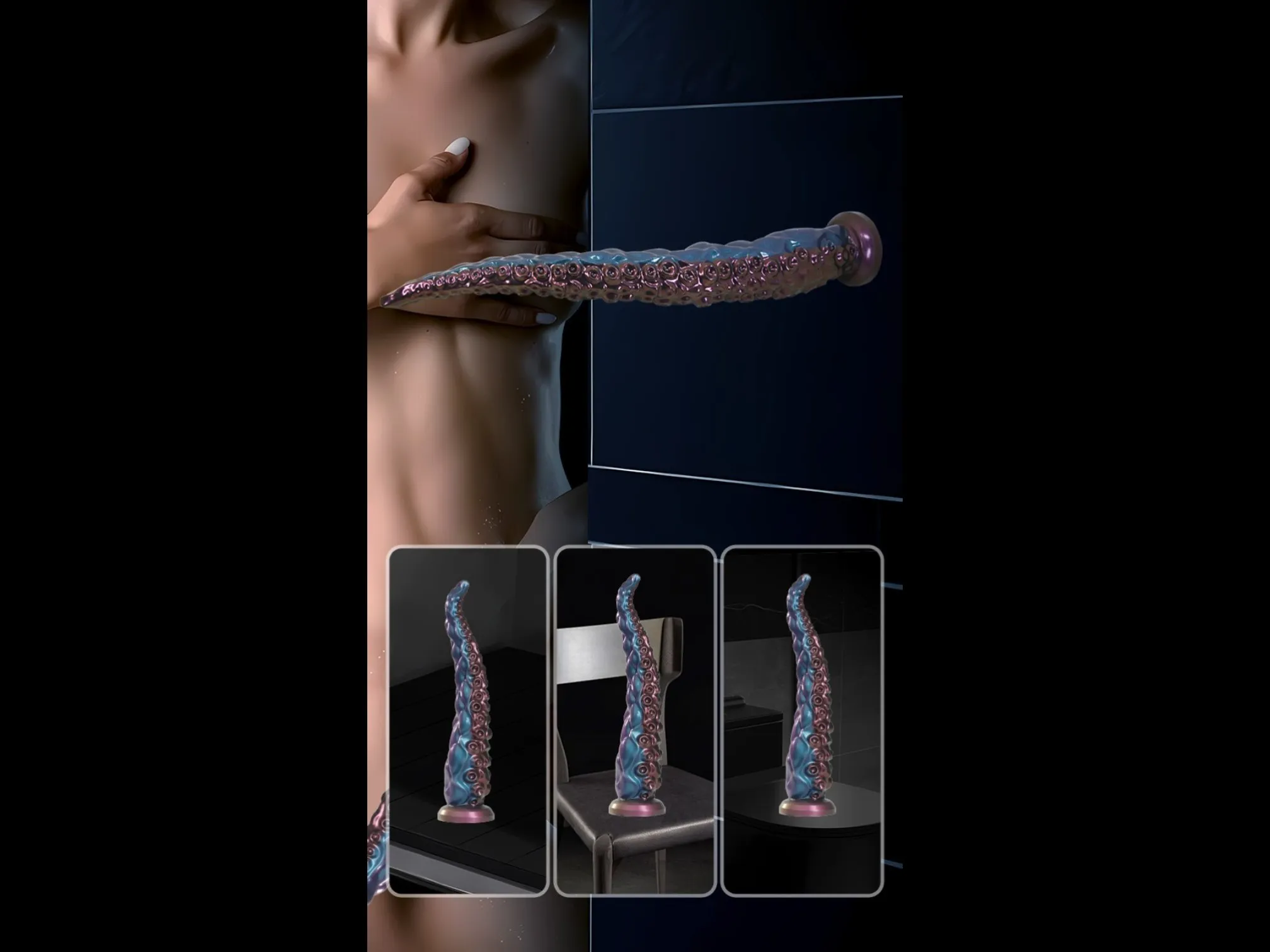 Long tentacle dildo mounted by its suction cup base on a wall and other smooth surfaces for hands-free use