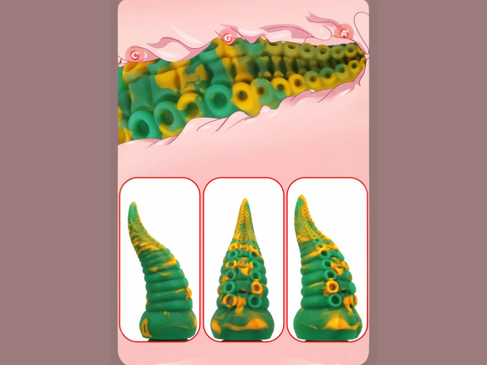 Textured tentacle dildo shown with raised sucker rings and ridges that create stimulating friction