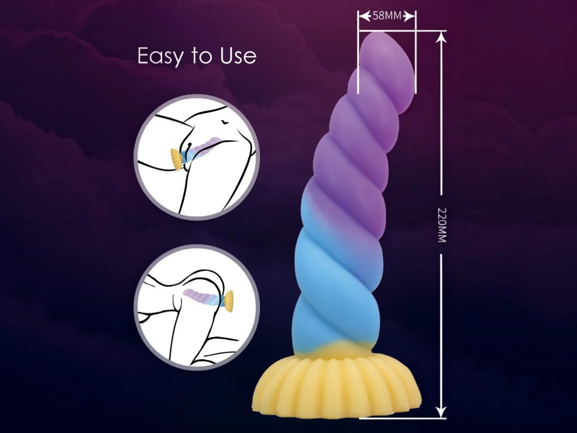 Diagram showing a spiral fantasy dildo suction-mounted for hands-free use in different positions