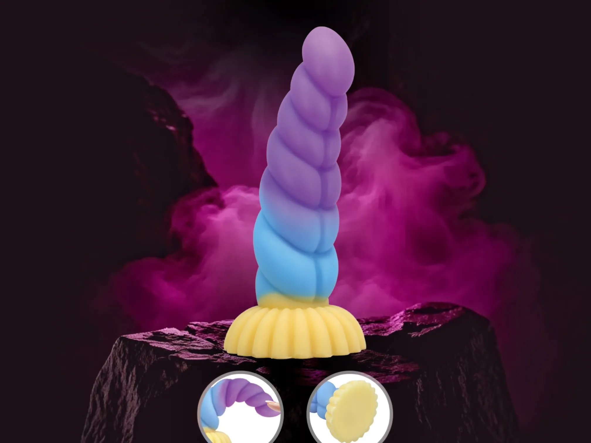 Flexible silicone fantasy dildo standing upright, with an inset showing the spiral shaft bending