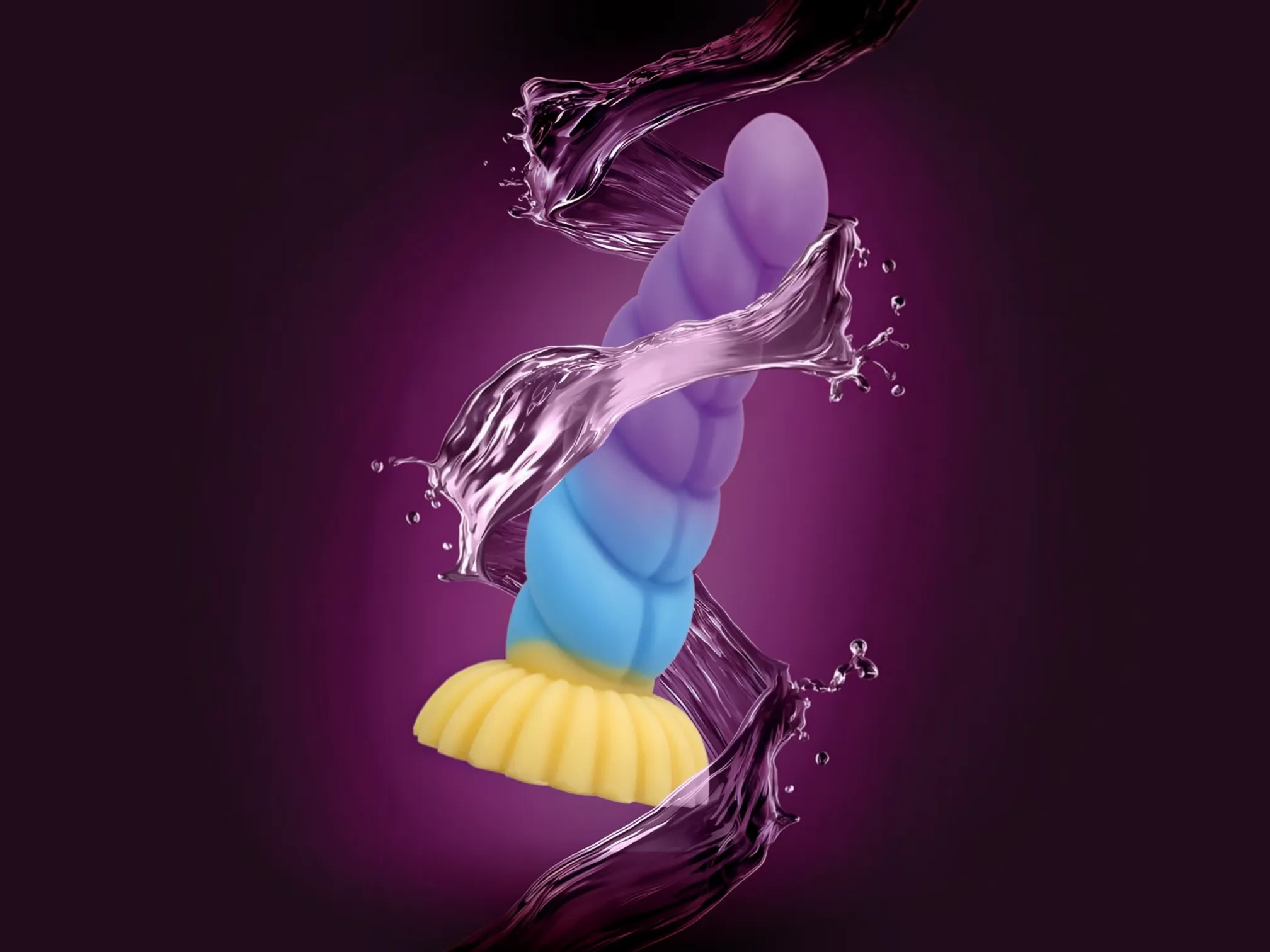 Fully waterproof spiral fantasy dildo surrounded by splashing water, ready for shower and bath use