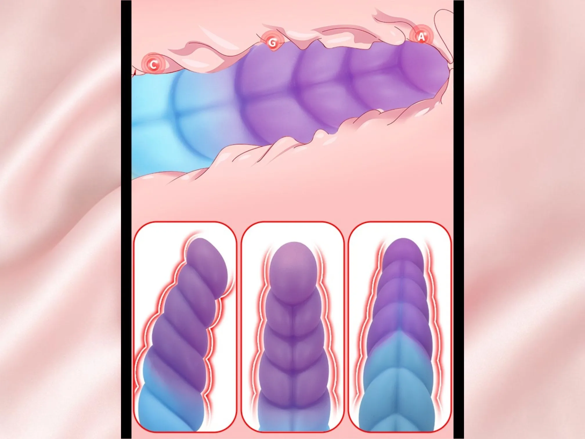Close view of the braided spiral ridge on a fantasy dildo, shown creating winding friction