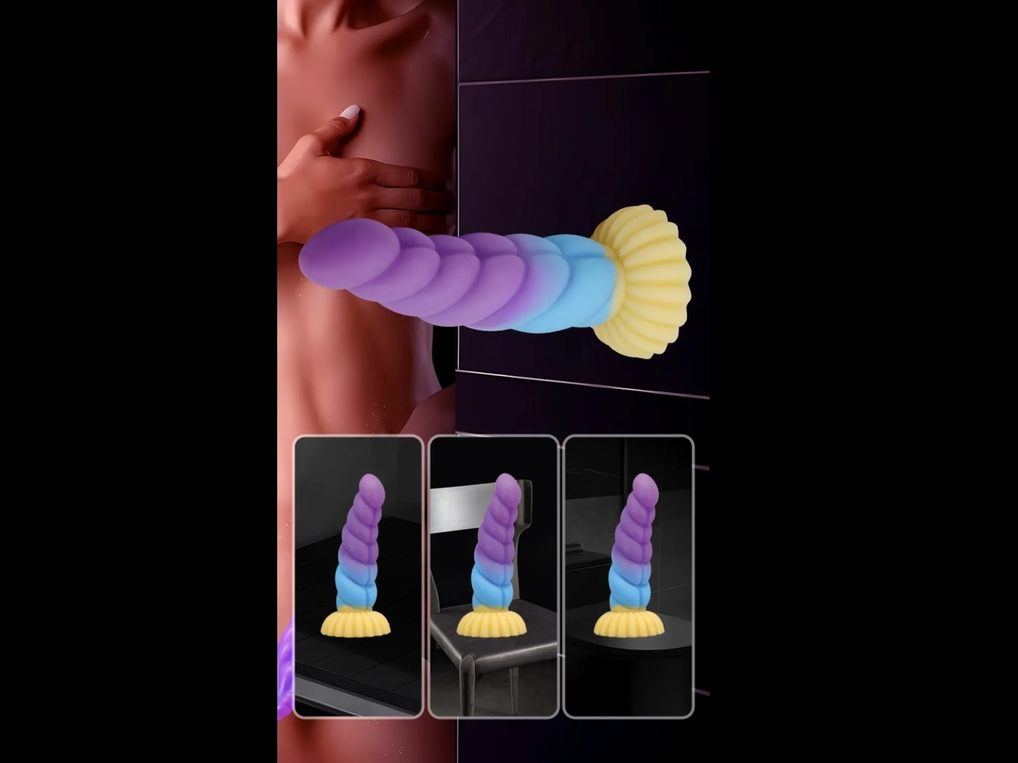 Twisted spiral fantasy dildo mounted by its fluted suction base on a wall and other smooth surfaces