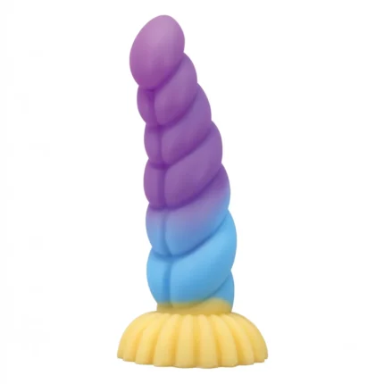 Twisted spiral fantasy dildo with a fluted suction base displayed next to its Power Monsters retail box
